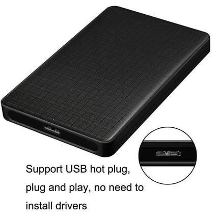 E39 Portable 2.5-Inch Hard Drive Enclosure for USB Storage showing black textured case and USB port, plug-and-play hot swap ready
