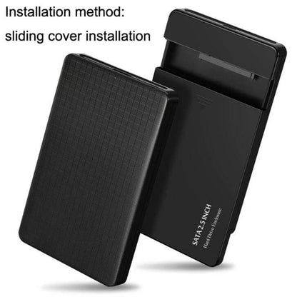 E39 Portable 2.5-Inch Hard Drive Enclosure for USB Storage showing sliding cover installation and textured grid exterior