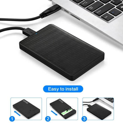 E39 Portable 2.5-Inch Hard Drive Enclosure for USB Storage connected to laptop, compact black textured portable USB external drive