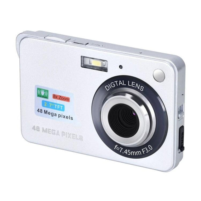 Vintage Digital Camera for Self-Portraits and Everyday Photos white compact retro-style digital camera with 48MP label, lens and flash