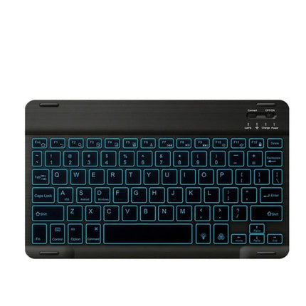Compact 78-Key Backlit Bluetooth Keyboard for Phones and Tablets - slim black keyboard with teal backlit keys for mobile typing and travel