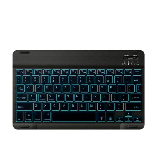 Compact 78-Key Backlit Bluetooth Keyboard for Phones and Tablets - slim black keyboard with teal backlit keys for mobile typing and travel