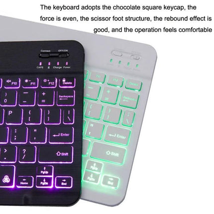 Compact 78-Key Backlit Bluetooth Keyboard for Phones and Tablets shown with purple and green backlighting on black and white models