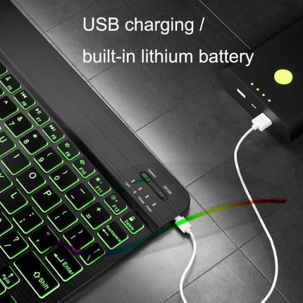 Compact 78-Key Backlit Bluetooth Keyboard for Phones and Tablets showing USB charging with built-in lithium battery and glowing green backlit keys