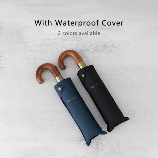 Parachase Large Wind-Resistant Folding Umbrella, Blue with waterproof cover and wooden handle, automatic open-close, shown alongside black variant