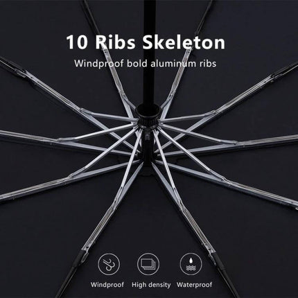 Parachase Large Wind-Resistant Folding Umbrella, Blue showing 10-rib aluminum skeleton for windproof support and automatic open-close