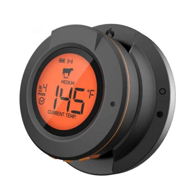 Kitchen Wireless Bluetooth Oven Thermometer For Grilling - round probe thermometer with orange LCD showing 145°F for beef, wall-mounted design