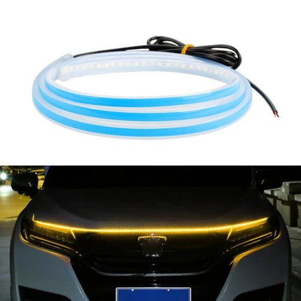 Car LED Streamer Hood Lights For Interior Ambient Decoration - PVC silicone hood edge ambient LED strip shown unlit and installed with warm yellow glow on car