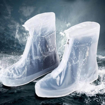 Waterproof Anti-Skid Shoe Covers for Rainy Outdoor Protection shown on feet with water splashes protecting shoes