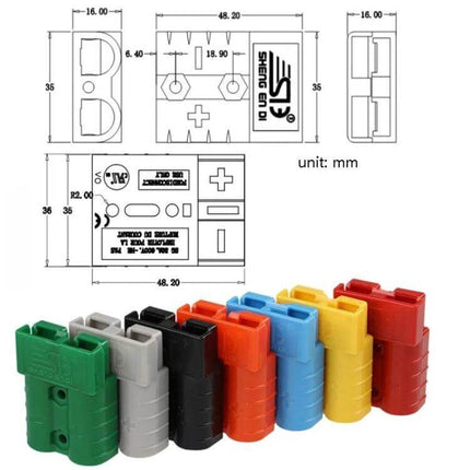 Sheng En Di Lithium Battery Charge And Discharge Connector showing multiple color two-pin high-current connectors with dimensional diagram