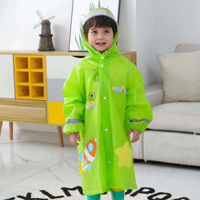 Kids' Cartoon Print Raincoat with Large Brim Hat for Rainy Days - bright green EVA kids raincoat with hood and playful cartoon prints