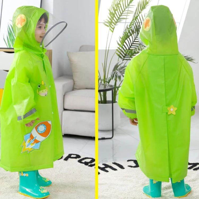 Kids' Cartoon Print Raincoat with Large Brim Hat for Rainy Days - bright green EVA kids raincoat with hood, frog and rocket prints, wide brim hat and reflective trim
