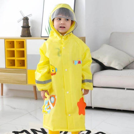 Kids' Cartoon Print Raincoat with Large Brim Hat for Rainy Days - Yellow EVA kids raincoat with clear brim hood and duck print