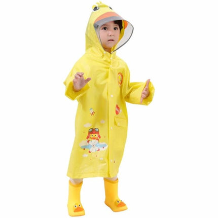 Kids' Cartoon Print Raincoat with Large Brim Hat for Rainy Days - Yellow EVA kids raincoat with hooded large brim hat and playful duck print