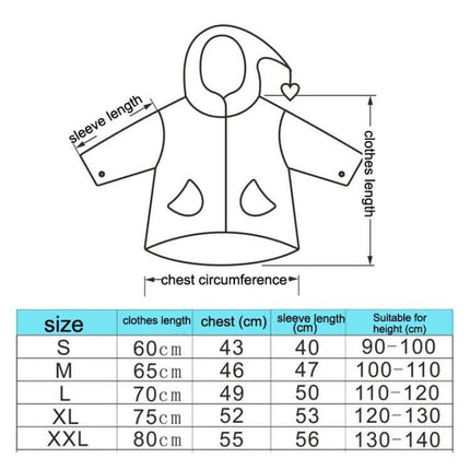 Kids' Cartoon Print Raincoat with Large Brim Hat for Rainy Days size chart diagram showing clothes length chest and sleeve measurements