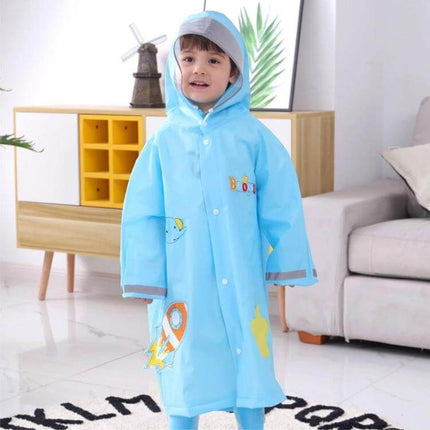 Kids' Cartoon Print Raincoat with Large Brim Hat for Rainy Days child wearing light blue EVA raincoat with hood and brim