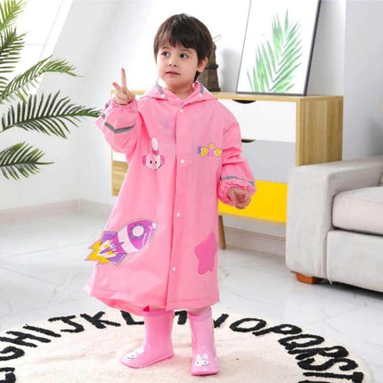 Kids' Cartoon Print Raincoat with Large Brim Hat for Rainy Days - Pink EVA kids raincoat with rocket and star prints, large brim hood and matching boots