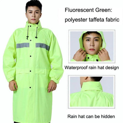 Reflective Adult Raincoat for Outdoor Riding and Larger Sizes in fluorescent green with waterproof hood and reflective strips for high-visibility