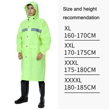 Reflective Adult Raincoat for Outdoor Riding and Larger Sizes - neon green waterproof long raincoat with reflective strips and hood, size chart shown