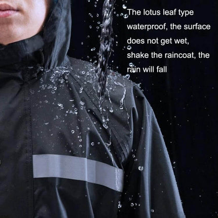 Reflective Adult Raincoat for Outdoor Riding and Larger Sizes - waterproof reflective raincoat with hood and high-visibility strip, shown shedding water