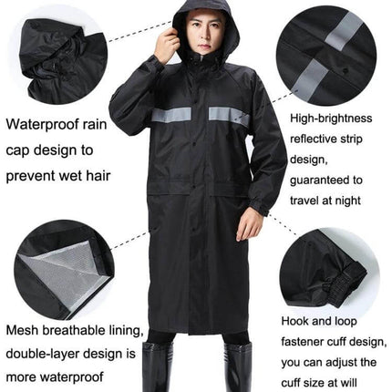 Reflective Adult Raincoat for Outdoor Riding and Larger Sizes - black waterproof long raincoat with reflective strips, hood and breathable lining