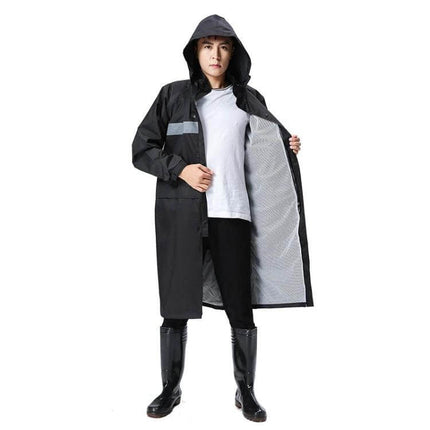 Reflective Adult Raincoat for Outdoor Riding and Larger Sizes - black waterproof hooded coat with reflective strip and breathable lining