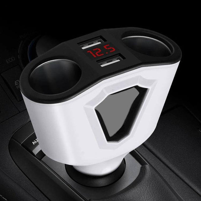 3.1A Dual USB Car Charger With Digital Display For Phones compact dual-port car charger with digital voltage readout and two cup holder sockets