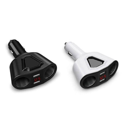 3.1A Dual USB Car Charger With Digital Display For Phones - compact dual-port car charger with LED voltage display in black and white