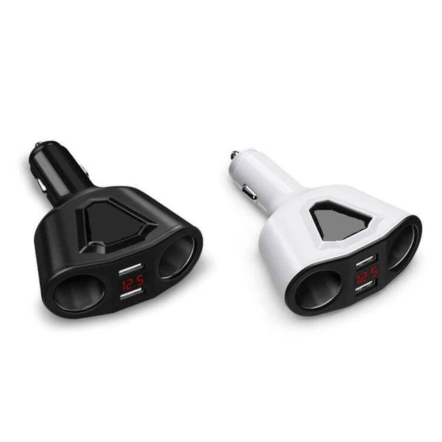 3.1A Dual USB Car Charger With Digital Display For Phones - compact dual-port car charger with LED voltage display in black and white