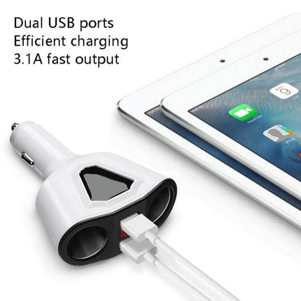 3.1A Dual USB Car Charger With Digital Display For Phones shown plugged into car outlet charging two devices with digital voltage display
