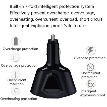 3.1A Dual USB Car Charger With Digital Display For Phones showing black dual-port charger and 7-fold protection icons
