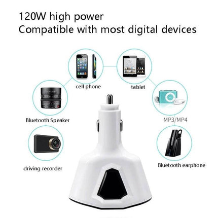 3.1A Dual USB Car Charger With Digital Display For Phones white dual-port car charger showing compatibility with phones, tablets, speakers and recorders