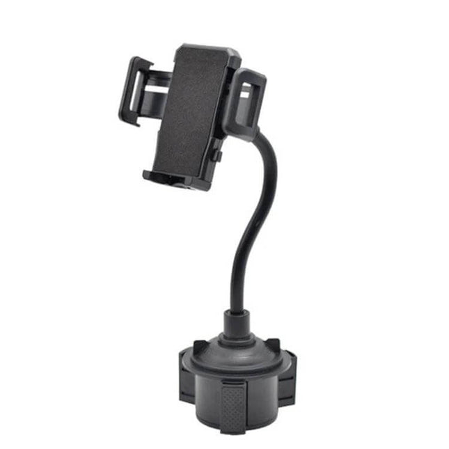 Car Cup Holder Bracket With Universal Phone Mount For In Car Navigation shown installed in cup holder with 360° adjustable phone cradle