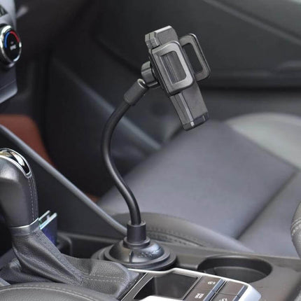 Car Cup Holder Bracket With Universal Phone Mount For In Car Navigation positioned in cup holder with 360° adjustable gooseneck for GPS and hands-free use