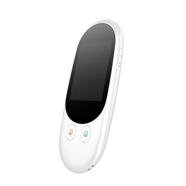 Compact Voice Translator for Travelers' Daily Interactions handheld white device with touchscreen and two microphone buttons