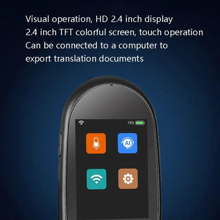Compact Voice Translator for Travelers' Daily Interactions - handheld 2.4" color touchscreen device showing mic, AI, Wi‑Fi and settings icons for travel translation