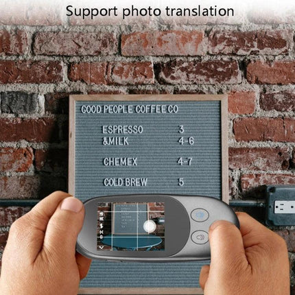 Compact Voice Translator for Travelers' Daily Interactions handheld device translating a cafe menu via photo in real time