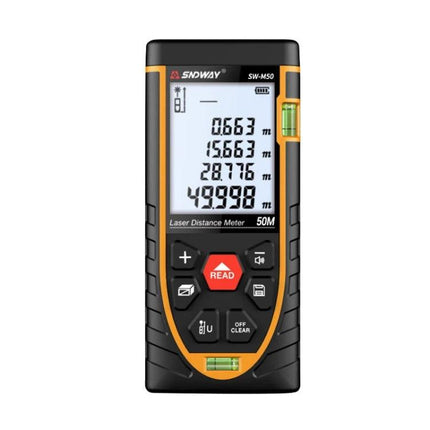 SNDWAY Laser Distance Meter for Accurate Everyday Measurements showing digital readings, buttons and dual spirit levels for home and construction use