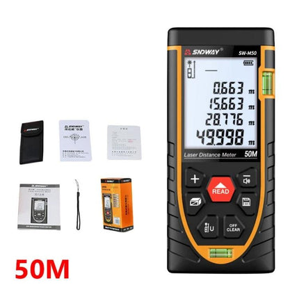 SNDWAY Laser Distance Meter for Accurate Everyday Measurements showing device, display with measurements, accessories and 50M range