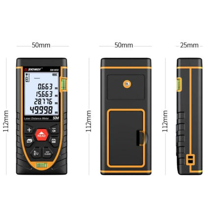 SNDWAY Laser Distance Meter for Accurate Everyday Measurements front back side views with dimensions 112x50x25mm and display buttons