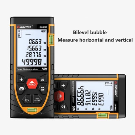 SNDWAY Laser Distance Meter for Accurate Everyday Measurements showing front and side views with LCD, buttons, and bi-level bubble