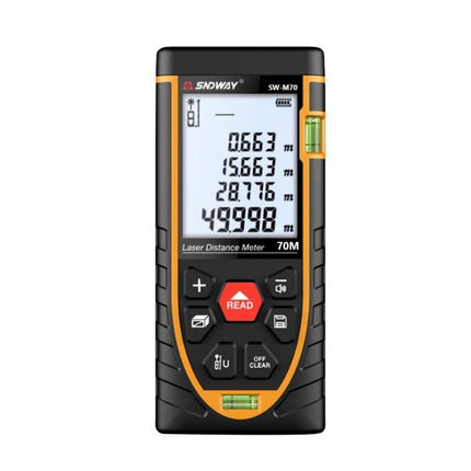 SNDWAY Laser Distance Meter for Accurate Everyday Measurements handheld device with digital display, buttons and built-in bubble level