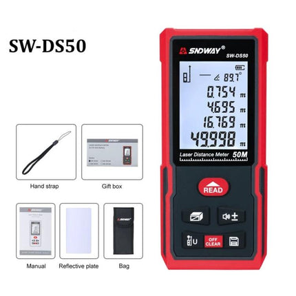 SNDWAY Handheld Laser Rangefinder for Everyday Distance Measurement - red SW-DS50 laser distance meter with display, buttons, hand strap, bag and manual