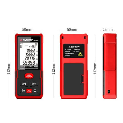SNDWAY Handheld Laser Rangefinder for Everyday Distance Measurement - red compact device front back side with dimensions 112x50x25mm and LCD screen