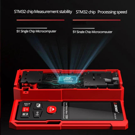 SNDWAY Handheld Laser Rangefinder for Everyday Distance Measurement showing open red unit with STM32 chip and display emphasizing measurement stability and speed