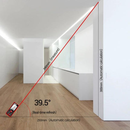 SNDWAY Handheld Laser Rangefinder for Everyday Distance Measurement measuring room diagonal with red laser display showing 39.5° and distance readings