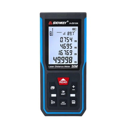 SNDWAY Handheld Laser Rangefinder for Distance Measurement showing digital display and buttons, compact handheld laser distance meter
