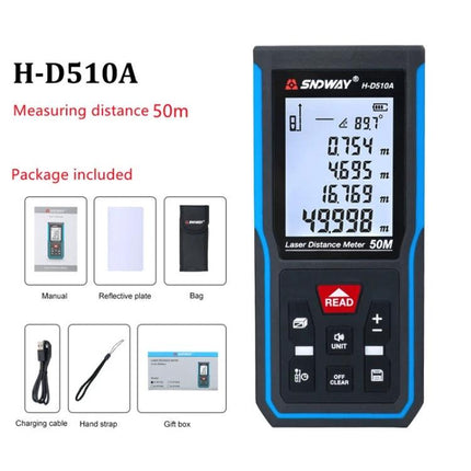 SNDWAY Handheld Laser Rangefinder for Distance Measurement compact 50m laser distance meter showing readings and included accessories
