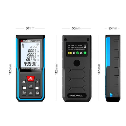 SNDWAY Handheld Laser Rangefinder for Distance Measurement showing front back and side views with dimensions