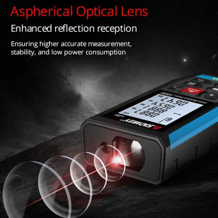 SNDWAY Handheld Laser Rangefinder for Distance Measurement showing laser beam, LCD readout and aspherical optical lens for accurate indoor measurements